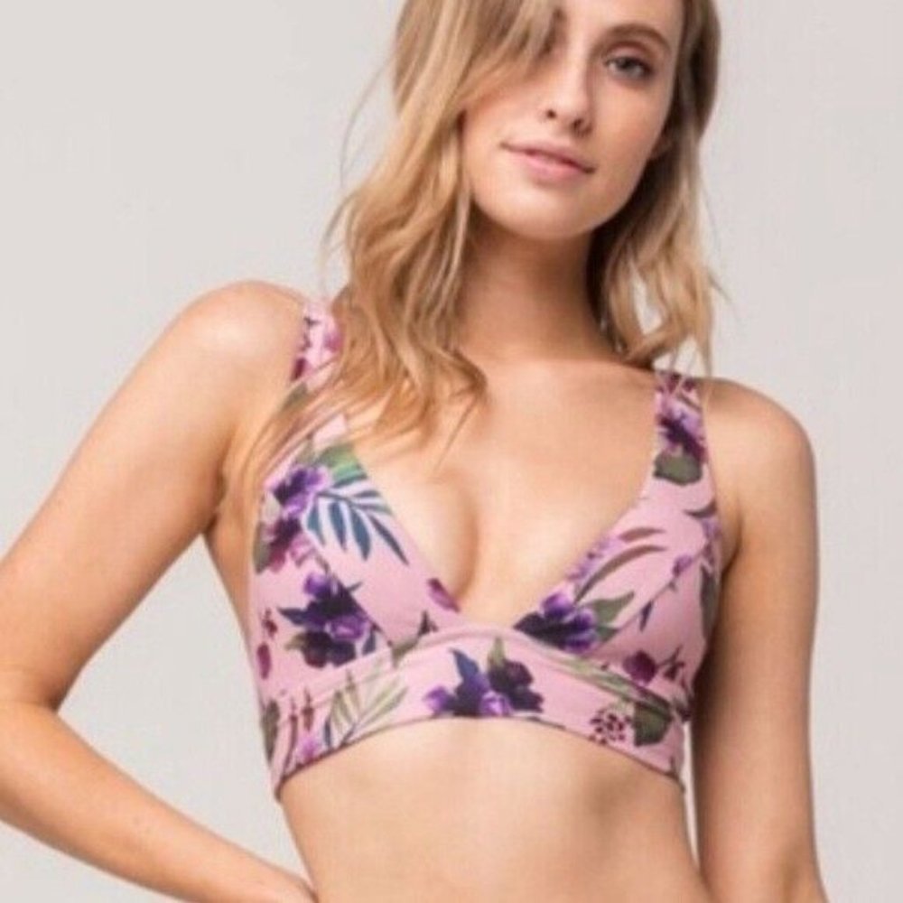 Byrds of Paradise Demasia Bikini Top V Neck Floral Lace Up Pink Purple M